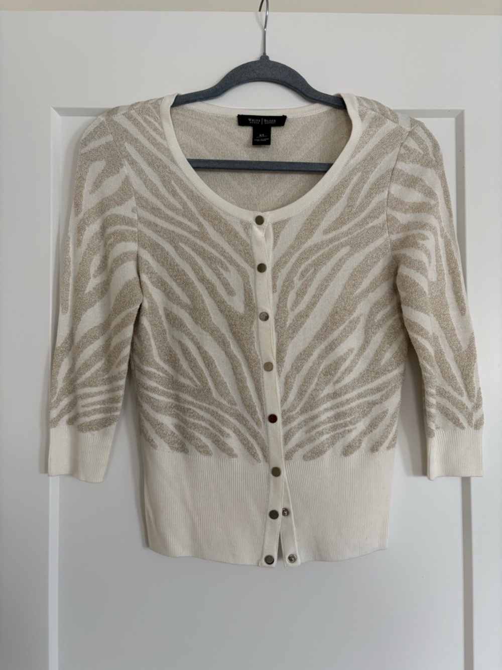 White House Black Market Cream & Beige Zebra-Pattern Button Cardigan